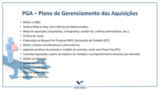 PGA – Plano de Gerenciamento das Aquisições
• Definir a WBS;
• Análise Make or Buy, com critérios pré-determinados;
• Mapa de aquisições (orçamento, cronogramas, vendor list, critérios eliminatórios, etc.);
• Análise de riscos;
• Elaboração da Request for Proposal (RFP), Declaração de Trabalho (DT);
• Definir critérios classificatórios e eliminatórios;
• Aspectos jurídicos do contrato e modelo do contrato, neste caso Preço Fixo (PF);
• Controlar aquisições a partir de boletins de medição e acompanhamento semanal, por exemplo;
• Avaliar as entregas;
• Validar as entregas;
• Aceitar as entregas;
• Realizar pagamentos;
• Encerrar os contrato.
 