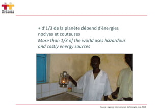 + d’1/3 de la planète dépend d’énergies
nocives et couteuses
More than 1/3 of the world uses hazardous
and costly energy sources
Source : Agence internationale de l’énergie, mai 2013
 