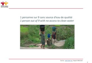 4
Sources : www.water.org ; Rapport OMD 2014
1 personne sur 9 sans source d’eau de qualité
1 person out of 9 with no access to clean water
 
