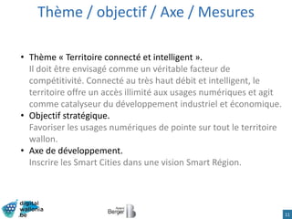 Thème / objectif / Axe / Mesures
11
• Thème « Territoire connecté et intelligent ».
Il doit être envisagé comme un véritable facteur de
compétitivité. Connecté au très haut débit et intelligent, le
territoire offre un accès illimité aux usages numériques et agit
comme catalyseur du développement industriel et économique.
• Objectif stratégique.
Favoriser les usages numériques de pointe sur tout le territoire
wallon.
• Axe de développement.
Inscrire les Smart Cities dans une vision Smart Région.
 