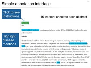 Simple annotation interface
40
Click to see
instructions
Highlight
disease
mentions
15 workers annotate each abstract
 