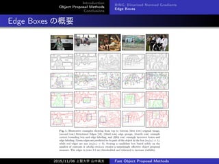 Introduction
Object Proposal Methods
Conclusions
BING: Binarized Normed Gradients
Edge Boxes
Edge Boxes θҪ
2015/11/06 Ǵѧ ɽи߷ Fast Object Proposal Methods
 