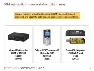 GSM interception is now available to the masses
3
Years of research unearthed important GSM vulnerabilities and
produced l...
