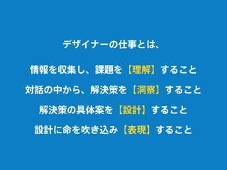 デザイナーの仕事とは、
情報を収集し、課題を【理解】すること
対話の中から、解決策を【洞察】すること
解決策の具体案を【設計】すること
設計に命を吹き込み【表現】すること
 