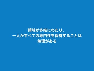 領域が多岐にわたり、
一人がすべての専門性を保有することは
無理がある
 