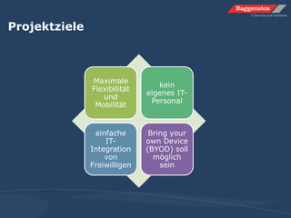 Projektziele
Maximale
Flexibilität
und
Mobilität
kein
eigenes IT-
Personal
einfache
IT-
Integration
von
Freiwilligen
Bring your
own Device
(BYOD) soll
möglich
sein
 