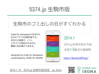 5374.jp 生駒市版
http://ikoma.5374.jp/
2014.1.14 5374.jp 生駒市版完成 by Sato
2014.1
5374.jp生駒市版を作成
全国で3番目の横展開
 