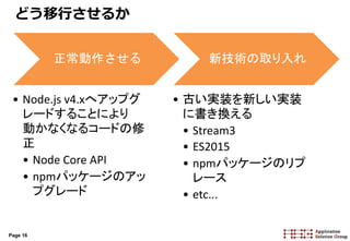 Page 16
どう移行させるか
正常動作させる
• Node.js v4.xへアップグ
レードすることにより
動かなくなるコードの修
正
• Node Core API
• npmパッケージのアッ
プグレード
新技術の取り入れ
• 古い実装を新しい実装
に書き換える
• Stream3
• ES2015
• npmパッケージのリプ
レース
• etc...
 