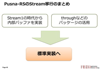 Page 40
Pusna-RSのStream移行のまとめ
Stream1の時代から
内部バッファを実装
throughなどの
パッケージの活用
標準実装へ
 