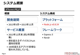 Page 5
システム概要
開発期間
• 2013年9月～2013年12月
サービス概要
• 2013年12月末 (約2年間稼
働)
• 億を超えるデバイスにPush
通知を配信
• 100を超えるアプリで多様な
使われ方をしている。
PusnaRS
プラットフォーム
• Node.js v0.8.24
フレームワーク
• Express 3
• Rendr
システム構成概要
 