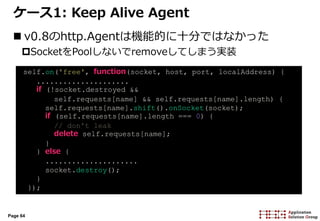 Page 64
ケース1: Keep Alive Agent
 v0.8のhttp.Agentは機能的に十分ではなかった
SocketをPoolしないでremoveしてしまう実装
self.on('free', function(socket, host, port, localAddress) {
.....................
if (!socket.destroyed &&
self.requests[name] && self.requests[name].length) {
self.requests[name].shift().onSocket(socket);
if (self.requests[name].length === 0) {
// don't leak
delete self.requests[name];
}
} else {
.....................
socket.destroy();
}
});
 