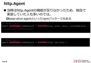 Page 66
http.Agent
 当時はhttp.Agentの機能が足りなかったため、独自で
実装していた人も多いのでは。
keep-alive-agentといったnpmパッケージもある
 Node 4.xではAgentの実装が変わっている// Node 0.8.x
Agent.prototype.addRequest = function(req, host, port, localAddress) {
.........................
// Node 4.x
Agent.prototype.addRequest = function(req, options) {
.........................
 