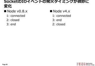 Page 68
SocketのIOイベントの発火タイミングが微妙に
変化
 Node v0.8.x
1: connected
2: closed
3: end
 Node v4.x
1: connected
3: end
2: closed
 