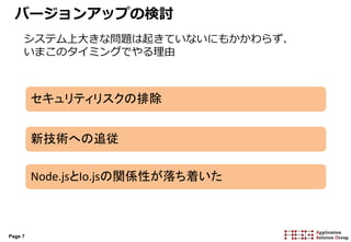 Page 7
バージョンアップの検討
セキュリティリスクの排除
新技術への追従
Node.jsとIo.jsの関係性が落ち着いた
システム上大きな問題は起きていないにもかかわらず、
いまこのタイミングでやる理由
 