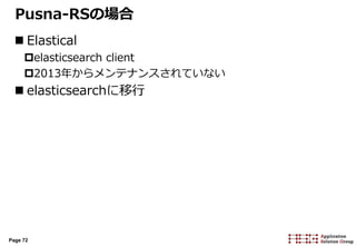 Page 72
Pusna-RSの場合
 Elastical
elasticsearch client
2013年からメンテナンスされていない
 elasticsearchに移行
 