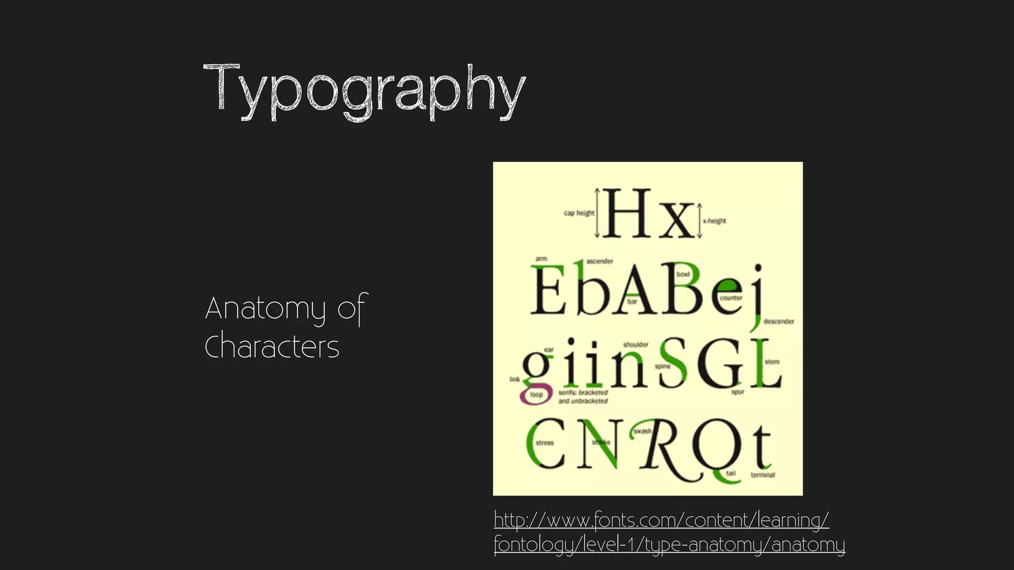 Typography
Anatomy of
Characters
http://www.fonts.com/content/learning/
fontology/level-1/type-anatomy/anatomy
 
