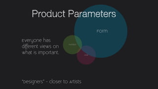 Cost
Form
Function
“Designers” - closer to Artists
Everyone has
different views on
what is important.
Product Parameters
 