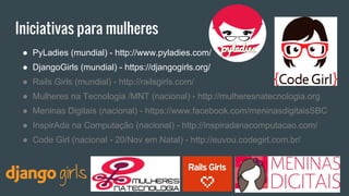 Iniciativas para mulheres
● PyLadies (mundial) - http://www.pyladies.com/
● DjangoGirls (mundial) - https://djangogirls.org/
● Rails Girls (mundial) - http://railsgirls.com/
● Mulheres na Tecnologia /MNT (nacional) - http://mulheresnatecnologia.org
● Meninas Digitais (nacional) - https://www.facebook.com/meninasdigitaisSBC
● InspirAda na Computação (nacional) - http://inspiradanacomputacao.com/
● Code Girl (nacional - 20/Nov em Natal) - http://euvou.codegirl.com.br/
 