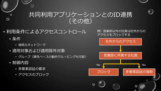 共同利用アプリケーションとのID連携
（その他）
• 利用条件によるアクセスコントロール
• 条件
• 接続元ネットワーク
• 適用対象および適用除外対象
• グループ（属性ベースの動的グルーピングも可能）
• 制御内容
• 多要素認証の要求
• アクセスのブロック
13
営業部に所属する社員
社外からのアクセス
多要素認証の強制ブロック
No Yes
例）営業部以外の社員は社外からの
アクセスをブロックする
 