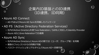 企業内ID基盤とのID連携
（ID連携、ID同期）
• Azure AD Connect
• AD FSおよびAzure AD Syncを同梱したパッケージ
• AD FS（Active Directory Federation Services）
• 社内のActive Directoryを使うws-federation / SAMLに対応したIdentity Provider
• Azure ADとはws-federationでID連携
• Azure AD Sync
• 社内のActive DirectoryとAzure ADの間でID（ユーザ、グループ等）を同期
• 複数のフォレストからの同期が可能
• パスワードハッシュをリアルタイムでAzure ADへ同期可能 15
 