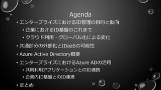 Agenda
• エンタープライズにおけるID管理の目的と動向
• 企業におけるID基盤のこれまで
• クラウド利用・グローバル化による変化
• 共通部分の外部化とIDaaSの可能性
• Azure Active Directory概要
• エンタープライズにおけるAzure ADの活用
• 共同利用アプリケーションとのID連携
• 企業内ID基盤とのID連携
• まとめ
3
 