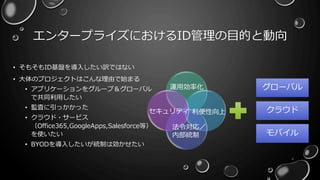 エンタープライズにおけるID管理の目的と動向
• そもそもID基盤を導入したい訳ではない
• 大体のプロジェクトはこんな理由で始まる
• アプリケーションをグループ＆グローバル
で共同利用したい
• 監査に引っかかった
• クラウド・サービス
（Office365,GoogleApps,Salesforce等）
を使いたい
• BYODを導入したいが統制は効かせたい
4
運用効率化
セキュリティ 利便性向上
法令対応／
内部統制
グローバル
クラウド
モバイル
 