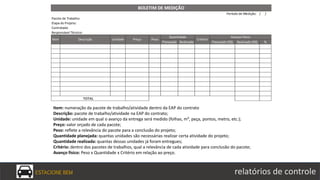ESTACIONE BEM relatórios de controle
Item: numeração da pacote de trabalho/atividade dentro da EAP do contrato
Descrição: pacote de trabalho/atividade na EAP do contrato;
Unidade: unidade em qual o avanço da entrega será medido (folhas, m², peça, pontos, metro, etc.);
Preço: valor orçado de cada pacote;
Peso: reflete a relevância do pacote para a conclusão do projeto;
Quantidade planejada: quantas unidades são necessárias realizar certa atividade do projeto;
Quantidade realizada: quantas dessas unidades já foram entregues;
Critério: dentro dos pacotes de trabalhos, qual a relevância de cada atividade para conclusão do pacote;
Avanço físico: Peso x Quantidade x Critério em relação ao preço.
Planejada Realizada Planejado (R$) Realizado (R$) %
Contratada:
Responsável Técnico:
BOLETIM DE MEDIÇÃO
Período de Medição: / /
Pacote de Trabalho:
Etapa do Projeto:
TOTAL
Quantidade Avanço Físico
Item Descrição Unidade Preço Peso Critério
 