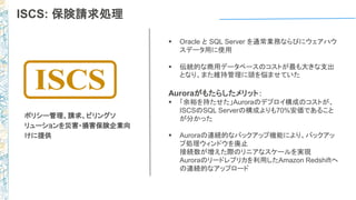 ISCS: 保険請求処理
 Oracle と SQL Server を通常業務ならびにウェアハウ
スデータ用に使用
 伝統的な商用データベースのコストが最も大きな支出
となり、また維持管理に頭を悩ませていた
Auroraがもたらしたメリット：
 「余裕を持たせた」Auroraのデプロイ構成のコストが、
ISCSのSQL Serverの構成よりも70%安価であること
が分かった
 Auroraの連続的なバックアップ機能により、バックアッ
プ処理ウィンドウを廃止
接続数が増えた際のリニアなスケールを実現
Auroraのリードレプリカを利用したAmazon Redshiftへ
の連続的なアップロード
ポリシー管理、請求、ビリングソ
リューションを災害・損害保険企業向
けに提供
 