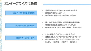 エンタープライズに最適
 3箇所のデータセンターに6つの複製を保持
 30秒以内でフェイルオーバー
 ほぼ即時に行われるクラッシュリカバリー
 最大50万回/秒の読込、10万回/秒の書込性能
 15個までの低遅延(10 ms)リードレプリカ
 64TBまで拡張できる、DBに最適化したストレージ
 すぐに行えるプロビジョニングとデプロイ
 自動化されたパッチとソフトウェアアップグレード
 バックアップとポイント・イン・タイム・リカバリー
 コンピュートとストレージのスケーラビリティー
パフォーマンスとスケール
エンタープライズ級の可用性
完全マネージドサービス
 