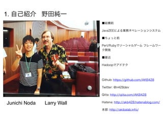 1. 自己紹介 野田純一
■結構前
Java2EEによる業務オペレーションシステム
■ちょっと前
Perl/Rubyでソーシャルゲーム フレームワー
ク開発
■最近
Hadoopでアドテク
Github: https://github.com/AKB428
Twitter: @n428dev
Qiita: http://qiita.com/AKB428
Hatena: http://akb428.hatenablog.com/
本部: http://akibalab.info/
Junichi Noda Larry Wall
 