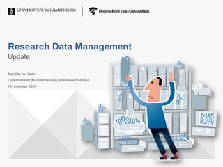 Research Data Management
Update
Mariëtte van Selm
Coördinator RDM-ondersteuning Bibliotheek UvA/HvA
10 november 2015
 
