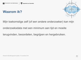 Waarom ik?
Mijn toekomstige zelf (of een andere onderzoeker) kan mijn
onderzoeksdata met een minimum aan tijd en moeite
terugvinden, beoordelen, begrijpen en hergebruiken.
Research Data Management Update | 10 november 2015 5
 