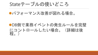Stateテーブルの使いどころ
パフォーマンス改善が図れる場合。
DB側で業務イベントの発生ルールを完璧
にコントロールしたい場合。（詳細は後
程。）
 
