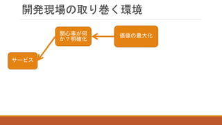 開発現場の取り巻く環境
サービス
関心事が何
か？明確化
誰の関心事
なのか？
価値の最大化
 