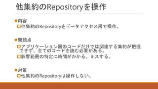 他集約のRepositoryを操作
内容
他集約のRepositoryをデータアクセス層で操作。
問題点
アプリケーション層のコードだけでは関連する集約が把握
できず、全てのコードを読む必要がある。
影響範囲の特定に時間がかかる。ミスする。
対策
他集約のRepositoryは操作しない。
 