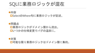 SQLに業務ロジックが混在
内容
SelectのWhere句に業務ロジックが記述。
問題点
業務ロジックがドメイン層から流出。
いつかの仕様変更でバグの温床に。
対策
可能な限り業務ロジックはドメイン層に集約。
 