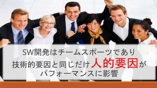 SW開発はチームスポーツであり
技術的要因と同じだけ人的要因が
パフォーマンスに影響
 