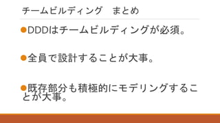 チームビルディング まとめ
DDDはチームビルディングが必須。
全員で設計することが大事。
既存部分も積極的にモデリングするこ
とが大事。
 