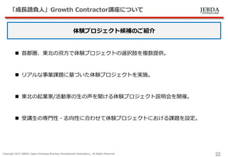JEBDA新興事業創出機構
「成長請負人」Growth Contractor講座について
Copyright 2015 JEBDA (Japan Emerging Business Development Association), All Rights Reserved.
22
体験プロジェクト候補のご紹介
 首都圏、東北の双方で体験プロジェクトの選択肢を複数提供。
 リアルな事業課題に基づいた体験プロジェクトを実施。
 東北の起業家/活動家の生の声を聞ける体験プロジェクト説明会を開催。
 受講生の専門性・志向性に合わせて体験プロジェクトにおける課題を設定。
 