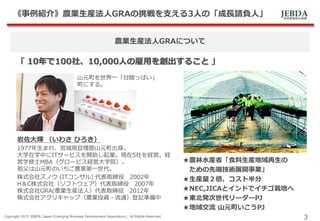 JEBDA新興事業創出機構
《事例紹介》農業生産法人GRAの挑戦を支える3人の「成長請負人」
Copyright 2015 JEBDA (Japan Emerging Business Development Association), All Rights Reserved.
3
農業生産法人GRAについて
「 10年で100社、10,000人の雇用を創出すること 」
岩佐大輝 （いわさ ひろき）
1977年生まれ、宮城県亘理郡山元町出身。
大学在学中にITサービスを開始し起業。現在5社を経営。経
営学修士MBA（グロービス経営大学院）。
祖父は山元町のいちご農家第一世代。
株式会社ズノウ (ITコンサル) 代表取締役 2002年
H＆C株式会社（ソフトウェア）代表取締役 2007年
株式会社GRA(農業生産法人）代表取締役 2012年
株式会社アグリキャップ（農業投資・流通）登記準備中
山元町を世界一「甘酸っぱい」
町にする。
★農林水産省「食料生産地域再生の
ための先端技術展開事業」
★生産量２倍、コスト半分
★NEC,JICAとインドでイチゴ栽培へ
★東北発次世代リーダーPJ
★地域交流 山元町いこうPJ
 