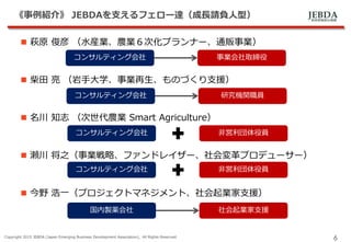 JEBDA新興事業創出機構
《事例紹介》 JEBDAを支えるフェロー達（成長請負人型）
Copyright 2015 JEBDA (Japan Emerging Business Development Association), All Rights Reserved.
6
 萩原 俊彦 （水産業、農業６次化プランナー、通販事業）
 柴田 亮 （岩手大学、事業再生、ものづくり支援）
 名川 知志 （次世代農業 Smart Agriculture）
 瀬川 将之（事業戦略、ファンドレイザー、社会変革プロデューサー）
 今野 浩一（プロジェクトマネジメント、社会起業家支援）
事業会社取締役コンサルティング会社
研究機関職員コンサルティング会社
非営利団体役員コンサルティング会社
非営利団体役員コンサルティング会社
社会起業家支援国内製薬会社
 