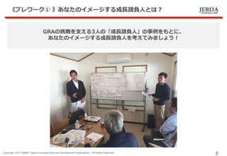 JEBDA新興事業創出機構
《プレワーク① 》あなたのイメージする成長請負人とは？
Copyright 2015 JEBDA (Japan Emerging Business Development Association), All Rights Reserved.
8
GRAの挑戦を支える3人の「成長請負人」の事例をもとに、
あなたのイメージする成長請負人を考えてみましょう！
 