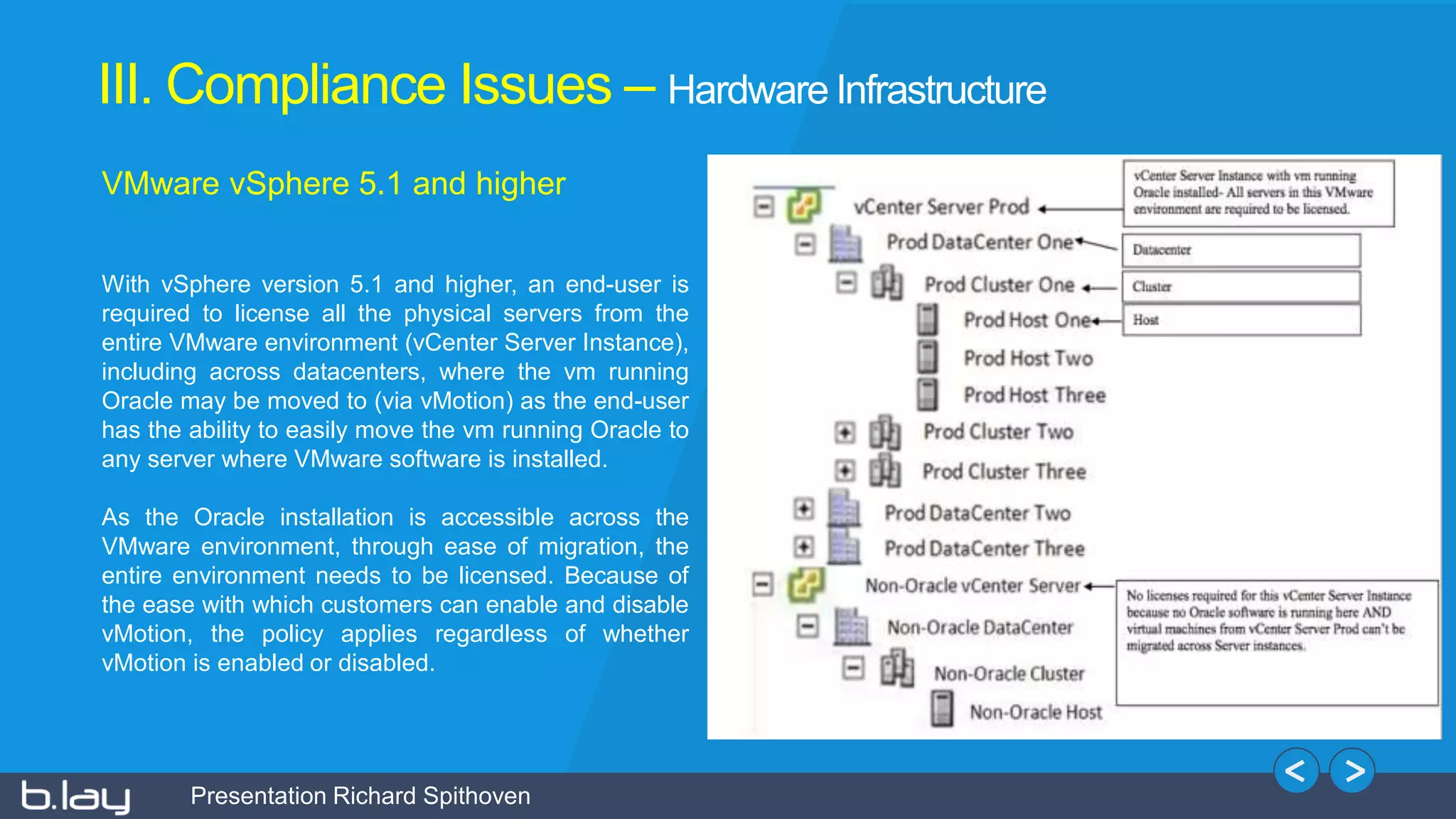 Presentation Richard Spithoven
III. Compliance Issues – Hardware Infrastructure
VMware vSphere 5.1 and higher
With vSphere version 5.1 and higher, an end-user is
required to license all the physical servers from the
entire VMware environment (vCenter Server Instance),
including across datacenters, where the vm running
Oracle may be moved to (via vMotion) as the end-user
has the ability to easily move the vm running Oracle to
any server where VMware software is installed.
As the Oracle installation is accessible across the
VMware environment, through ease of migration, the
entire environment needs to be licensed. Because of
the ease with which customers can enable and disable
vMotion, the policy applies regardless of whether
vMotion is enabled or disabled.
 