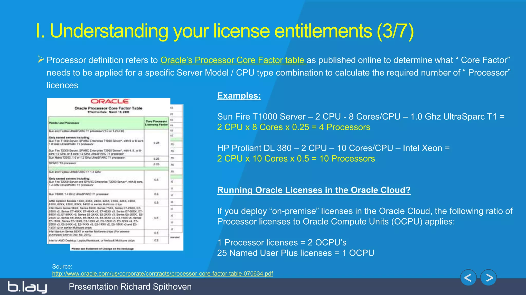 Presentation Richard Spithoven
I. Understanding your license entitlements (3/7)
Processor definition refers to Oracle’s Processor Core Factor table as published online to determine what “ Core Factor”
needs to be applied for a specific Server Model / CPU type combination to calculate the required number of “ Processor”
licences
Examples:
Sun Fire T1000 Server – 2 CPU - 8 Cores/CPU – 1.0 Ghz UltraSparc T1 =
2 CPU x 8 Cores x 0.25 = 4 Processors
HP Proliant DL 380 – 2 CPU – 10 Cores/CPU – Intel Xeon =
2 CPU x 10 Cores x 0.5 = 10 Processors
Running Oracle Licenses in the Oracle Cloud?
If you deploy “on-premise” licenses in the Oracle Cloud, the following ratio of
Processor licenses to Oracle Compute Units (OCPU) applies:
1 Processor licenses = 2 OCPU’s
25 Named User Plus licenses = 1 OCPU
Source:
http://www.oracle.com/us/corporate/contracts/processor-core-factor-table-070634.pdf
 