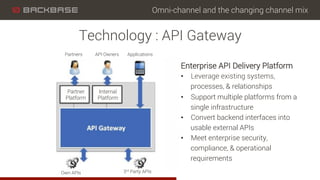 Omni-channel and the changing channel mix
Technology : API Gateway
Enterprise API Delivery Platform
•  Leverage existing systems,
processes, & relationships
•  Support multiple platforms from a
single infrastructure
•  Convert backend interfaces into
usable external APIs
•  Meet enterprise security,
compliance, & operational
requirements
Partners API Owners Applications
Own APIs 3rd Party APIs
Partner
Platform
Internal
Platform
 