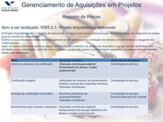 La Creperia|O Crepe Francês
Gerenciamento de Aquisições em Projetos
Registro de Riscos
Item a ser analisado: WBS 2.1: Projeto Arquitetônico elaborado
O Projeto Arquitetônico tem o objetivo de apresentar um layout com menor movimentação dos funcionários com ergonomia e beleza
para os clientes do restaurante
Estima-se que uma planta baixa elaborada garante-se um apelo estético e redução nos tempos e movimentos e o desgaste dos
colaboradores.
Após um estudo preliminar sobre as etapas envolvidas para elaborar um projeto de arquitetura, o grupo decidiu terceirizar esta
atividade por ser estratégica, mas não ‘core’ e porque o grupo não possui o conhecimento necessário ou acesso aos instrumentos
legais e de certificação.
Risco Resposta ao Risco Momento de Resposta
Atraso do processo de certificação Cláusulas contratuais exigindo
fornecimento em tempo, multas
proporcionais.
Contratação do serviço
Certificação negada. Verificação do histórico de fornecimento;
Análise conjunta dos requisitos mínimos;
Cláusulas contratuais.
Contratação do serviço
Entrega da certificação incompleta. Reuniões periódicas de
acompanhamento;
Cláusulas contratuais.
Contratação do serviço
Durante execução do contrato
Aumento de custo durante o processo. Cláusulas contratuais exigindo
fornecimento com escopo definido e em
tempo e multas proporcionais.
Contratação do serviço
 