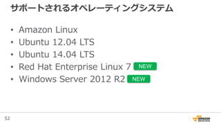 52
サポートされるオペレーティングシステム
• Amazon Linux
• Ubuntu 12.04 LTS
• Ubuntu 14.04 LTS
• Red Hat Enterprise Linux 7
• Windows Server 2012 R2
NEW
NEW
 
