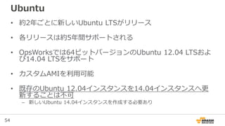 54
Ubuntu
• 約2年ごとに新しいUbuntu LTSがリリース
• 各リリースは約5年間サポートされる
• OpsWorksでは64ビットバージョンのUbuntu 12.04 LTSおよ
び14.04 LTSをサポート
• カスタムAMIを利用可能
• 既存のUbuntu 12.04インスタンスを14.04インスタンスへ更
新することは不可
– 新しいUbuntu 14.04インスタンスを作成する必要あり
 