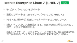 55
Redhat Enterprise Linux 7 (RHEL 7)
• 64ビットバージョンをサポート
• 最初にサポートされるマイナーバージョンはRHEL 7.1
• Red Hatは約9か月おきにマイナーバージョンをリリース
• 新しいインスタンスを作成すると、OpsWorksは現在のRHEL 7
のバージョンが使用される
• 新しいマイナーバージョンがリリースされても、OpsWorksが既
存の起動中のインスタンスを自動的に更新することはない
NEW
 