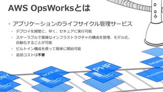7
AWS OpsWorksとは
 アプリケーションのライフサイクル管理サービス
 デプロイを頻繁に、早く、セキュアに実行可能
 スケーラブルで複雑なインフラストラクチャの構成を管理、モデル化、
自動化することが可能
 ビルトイン構成を使って簡単に開始可能
 追加コストは不要
 